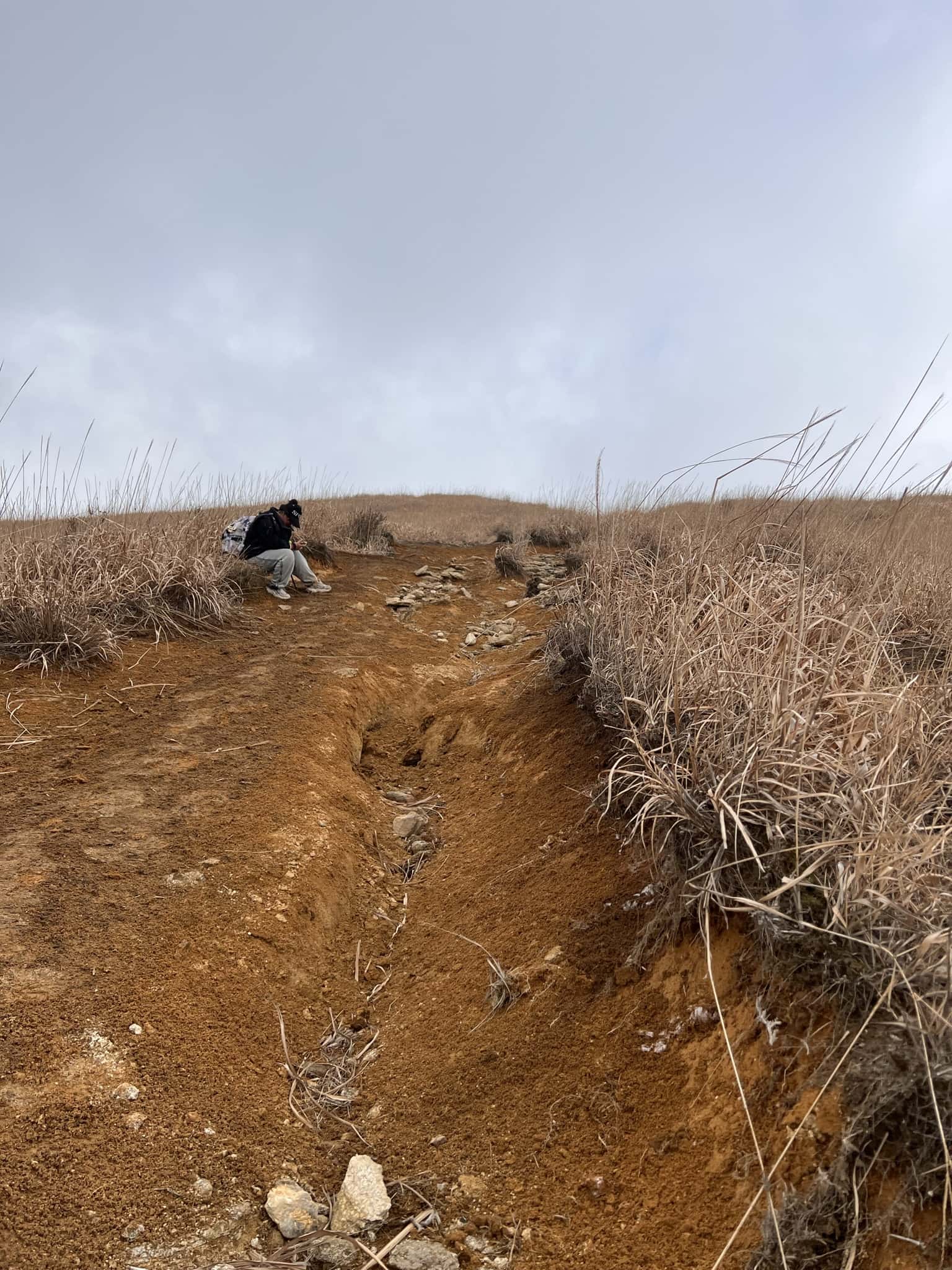 之后的路全是大大小小的土坡 + 岩石路，陡一点的不敢往后看，怕滑倒，只能闷头往上爬